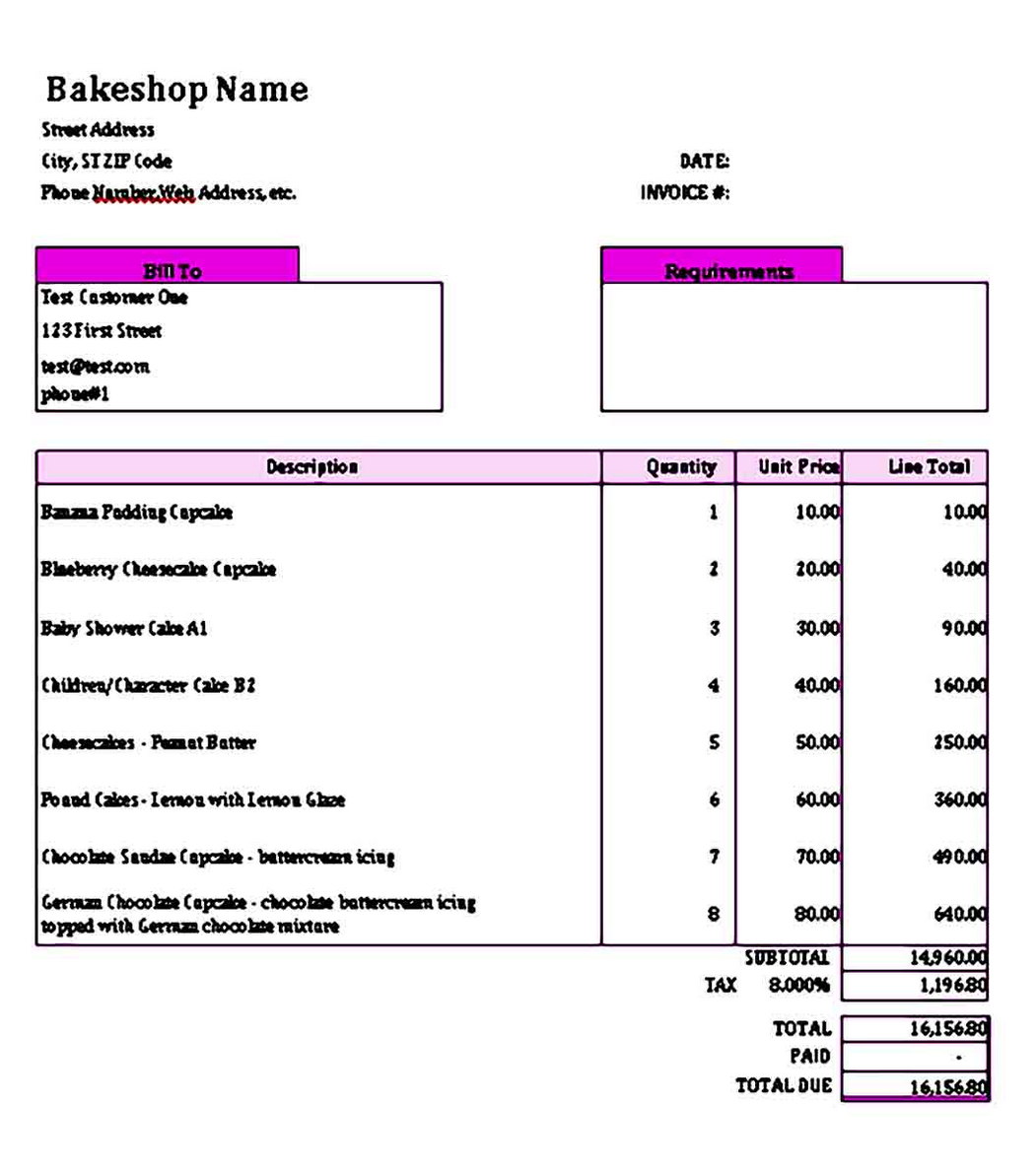 Baking Invoice Template