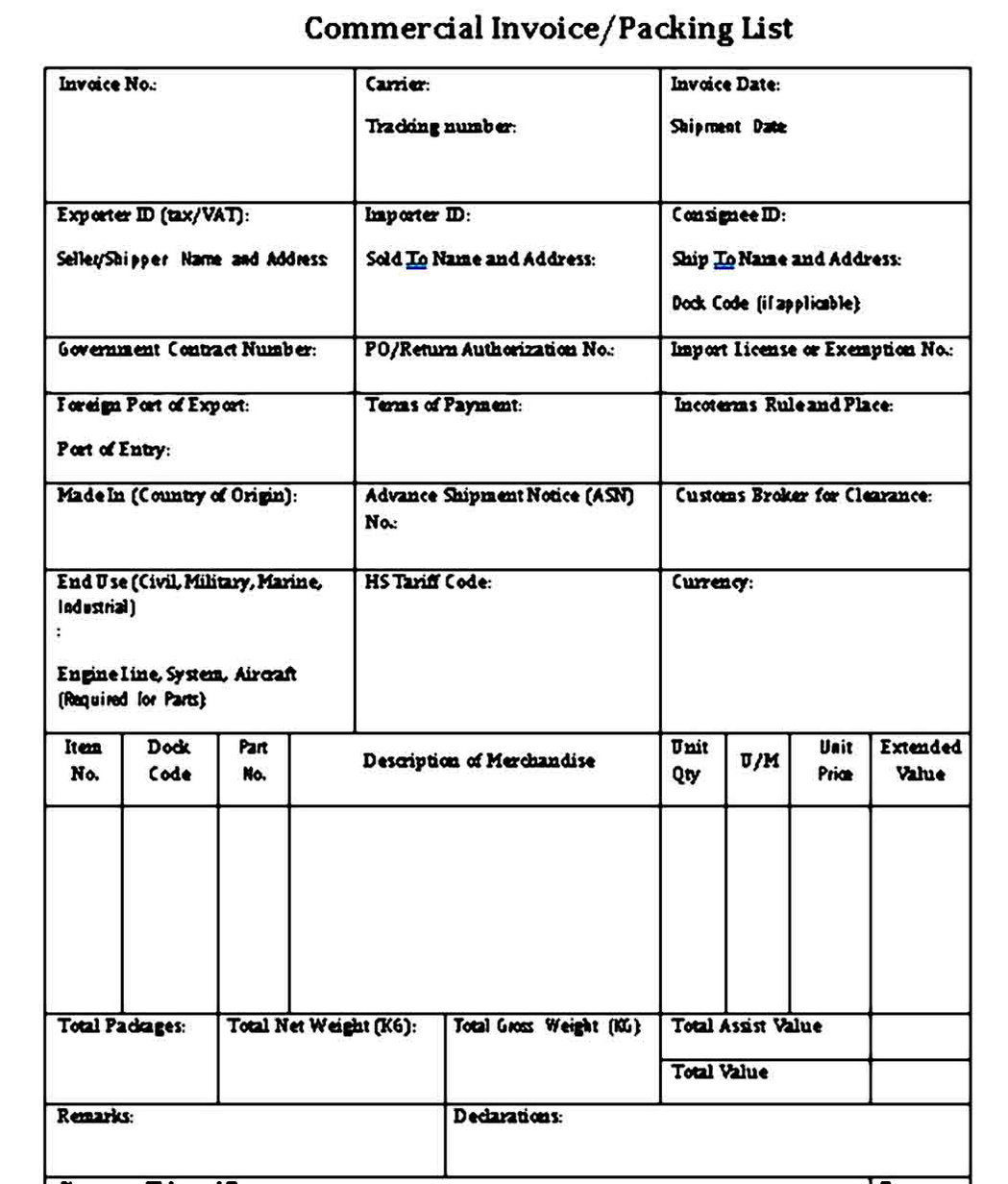 commercial invoice and packing list template excel