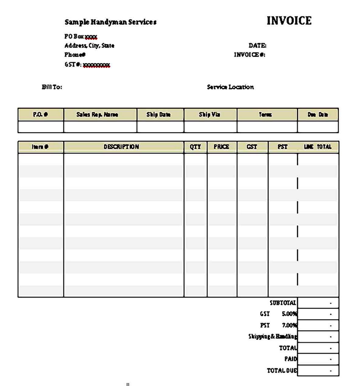 printable handyman invoice template harian nusantara